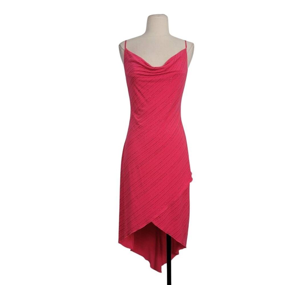Vtg 90s Y2K City Triangles Glittery High Low Hem Slip‎ Dress Sz S Pink Cowl Neck